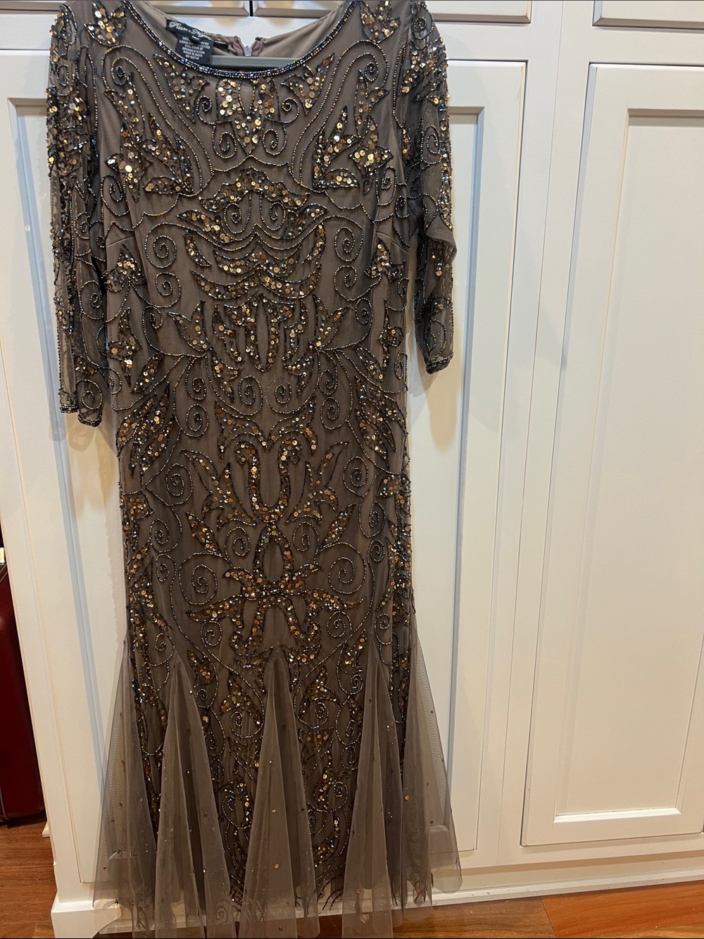 Pisarro Nights Taupe Beaded Embellished Maxi Dress sparkle wedding fancy